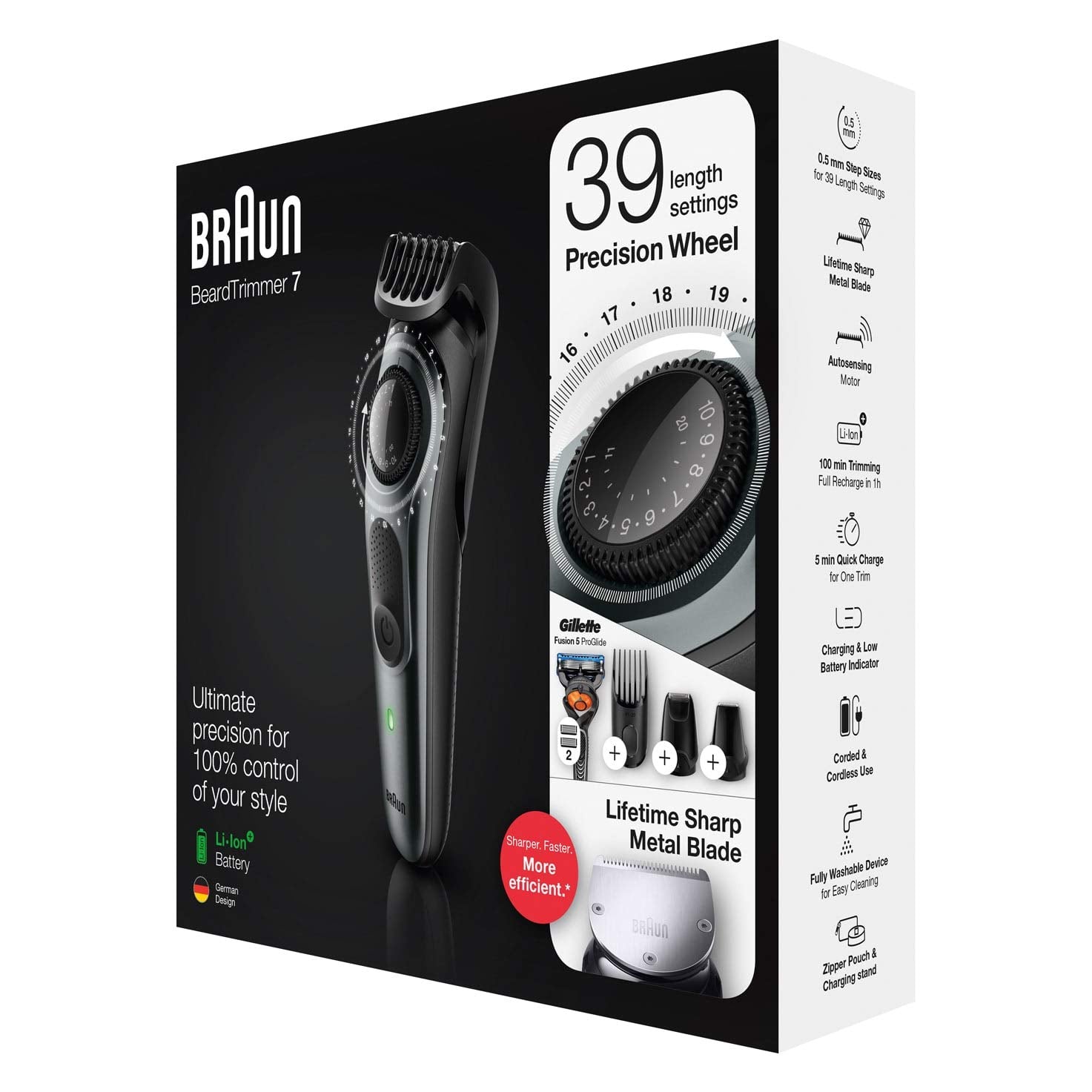 Barun Beard Timmer 7 with 39 Length Settings Precision Wheel Cordless & Rechargeable With Gillette Proglide Razor, Black/Silver Metal, BT7240