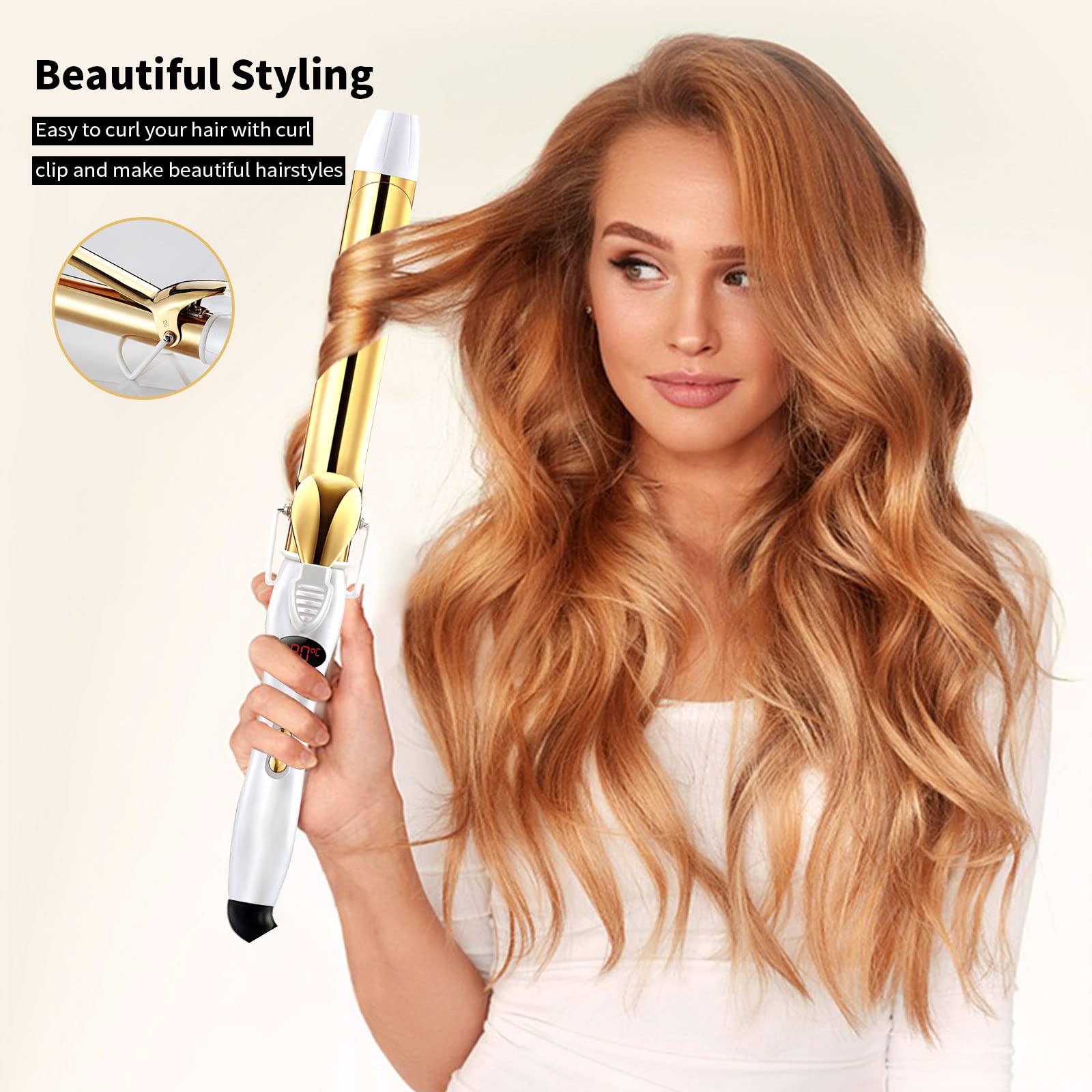 Rosy Forth Curling Iron 32mm with Ceramic Coating Barrel, Professional Curling Wand Instant Heat up, Gold Hair Curler with LCD Display (OPEN-BOX)