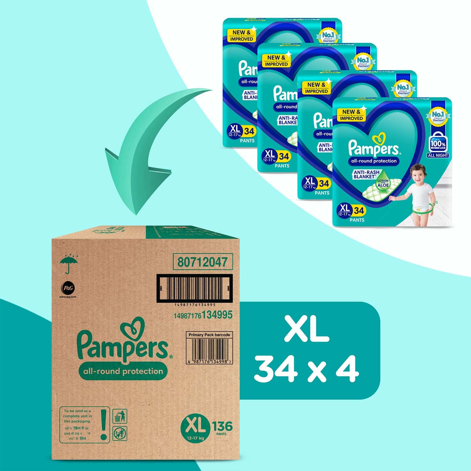 Pampers Pants with Aloe Vera, X- Large, 12-17 kg, Piece of 136