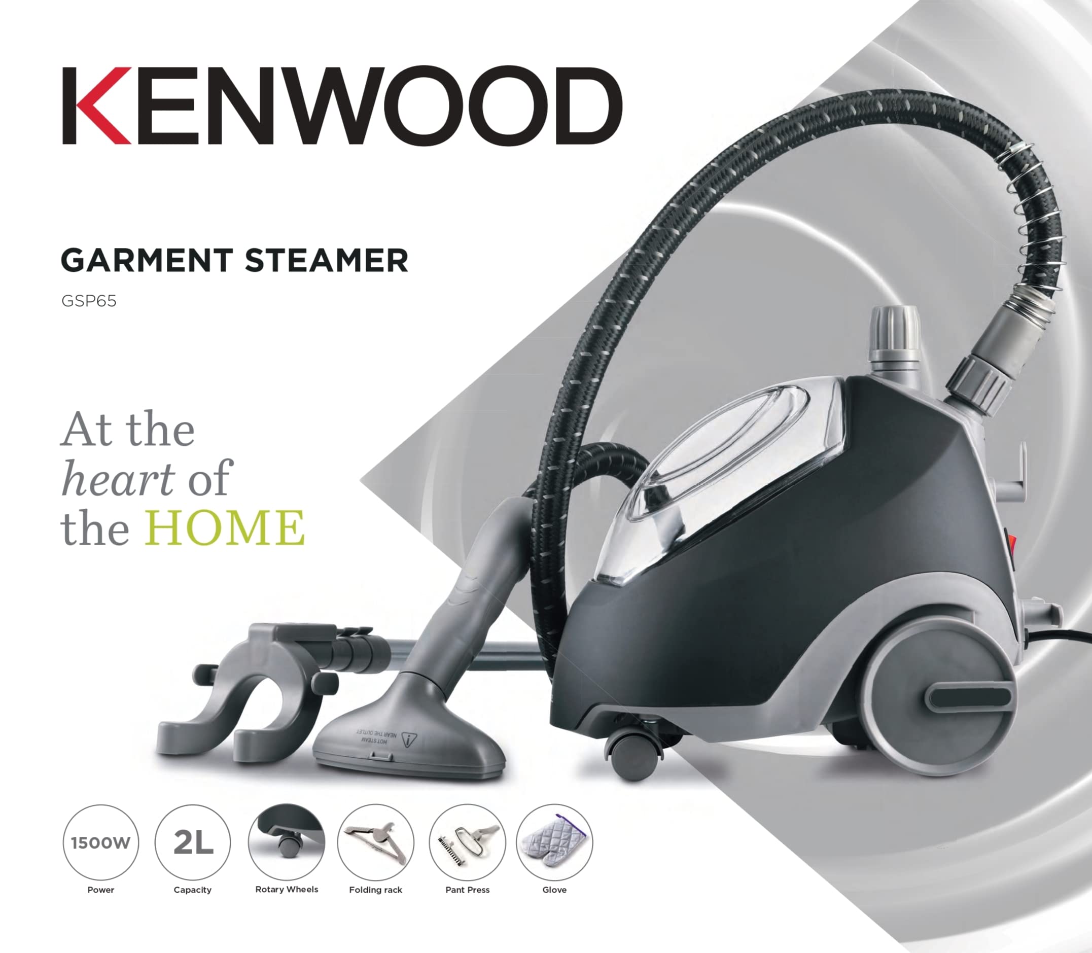 KENWOOD Garment Steamer 1500W with 2L Water Tank Capacity, Rotary Wheels, Folding Rack, Trouser Press, Glove