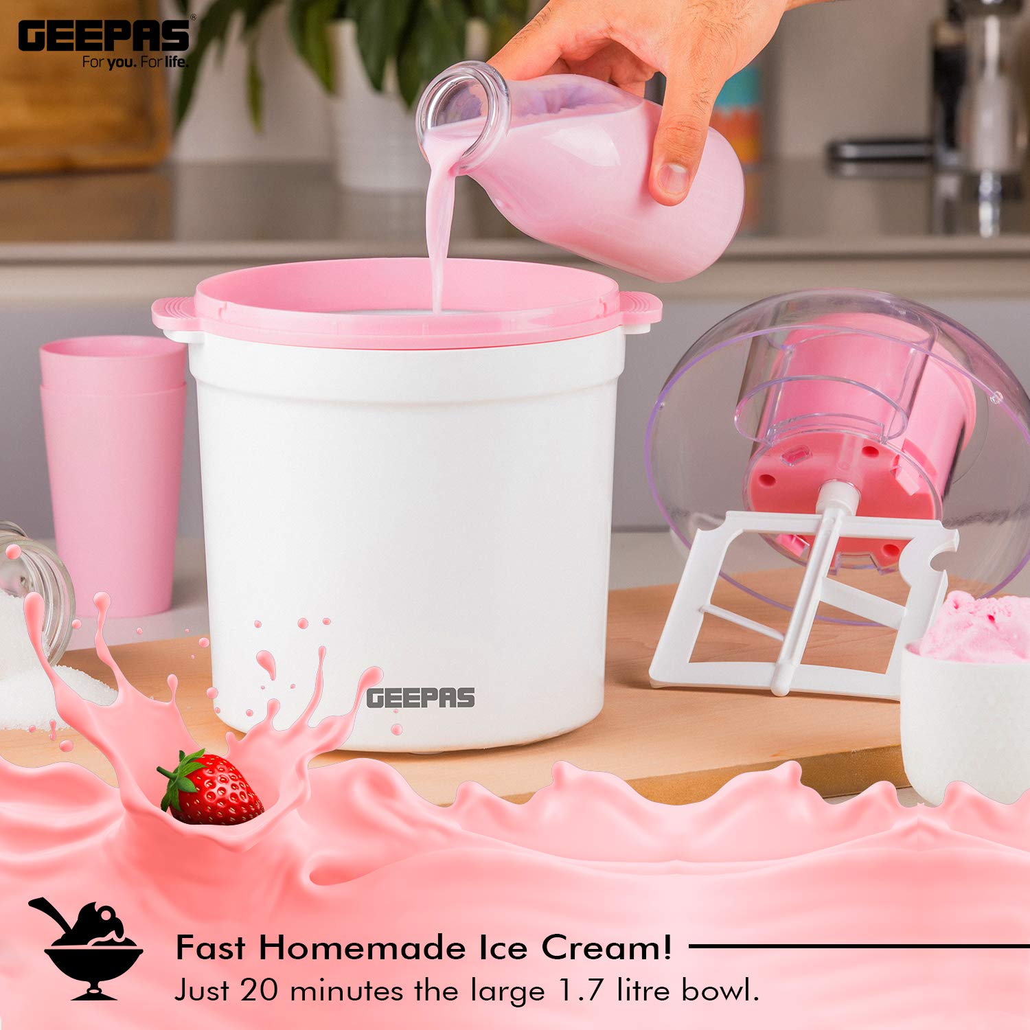 Geepas Ice Cream Maker Machine Makes Delicious Homemade Soft Ice Cream, Gelato, Frozen Yoghurt & Sorbet |1.7L Aluminum Removable Inner Bowl | Detachable Mixing Paddle | 1 Year Warranty