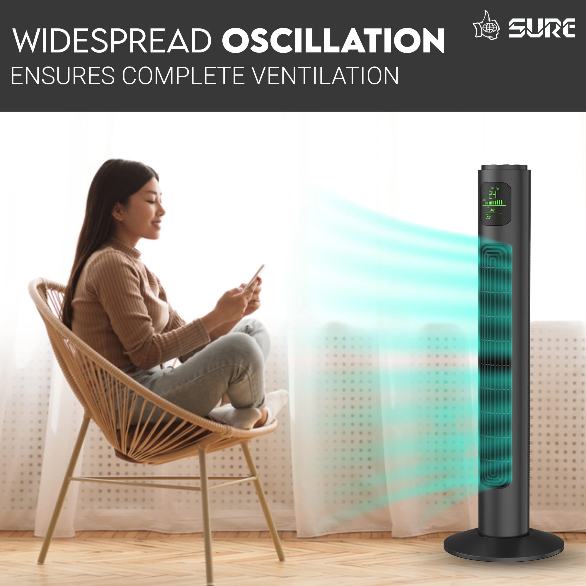 Sure Tower Fan with Remote Control, Bladeless Powerful with 3 Speeds, Timer Function, Standing Oscillating Fan for Home, Bedroom & Office, Black شور تعمل على كهرباء- مراوح ارضيه