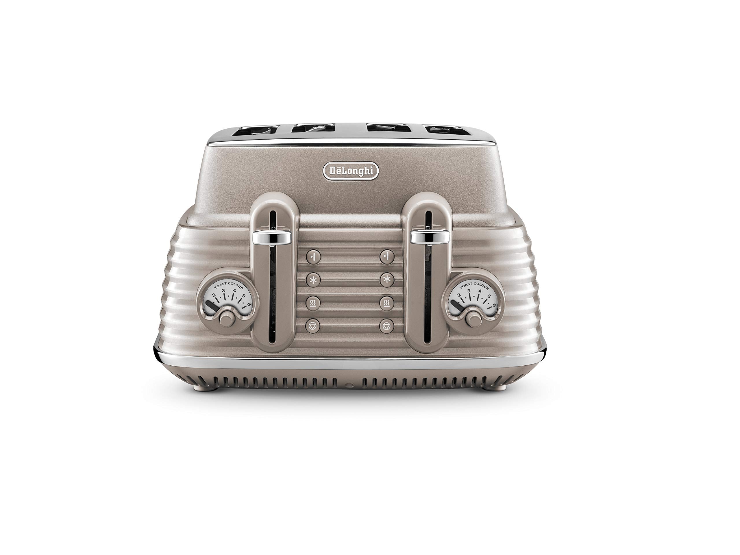 De'Longhi Scolpito 4 Slot Toaster, Reheat, Defrost, One-Side Bagel & 6 Browning Settings, Stainless Steel (without cartoon) محمصة خبز سكولبيتو من ديلونجي، من الستانلس ستيل وبـ 4 فتحات للتحميص واعادة التسخين