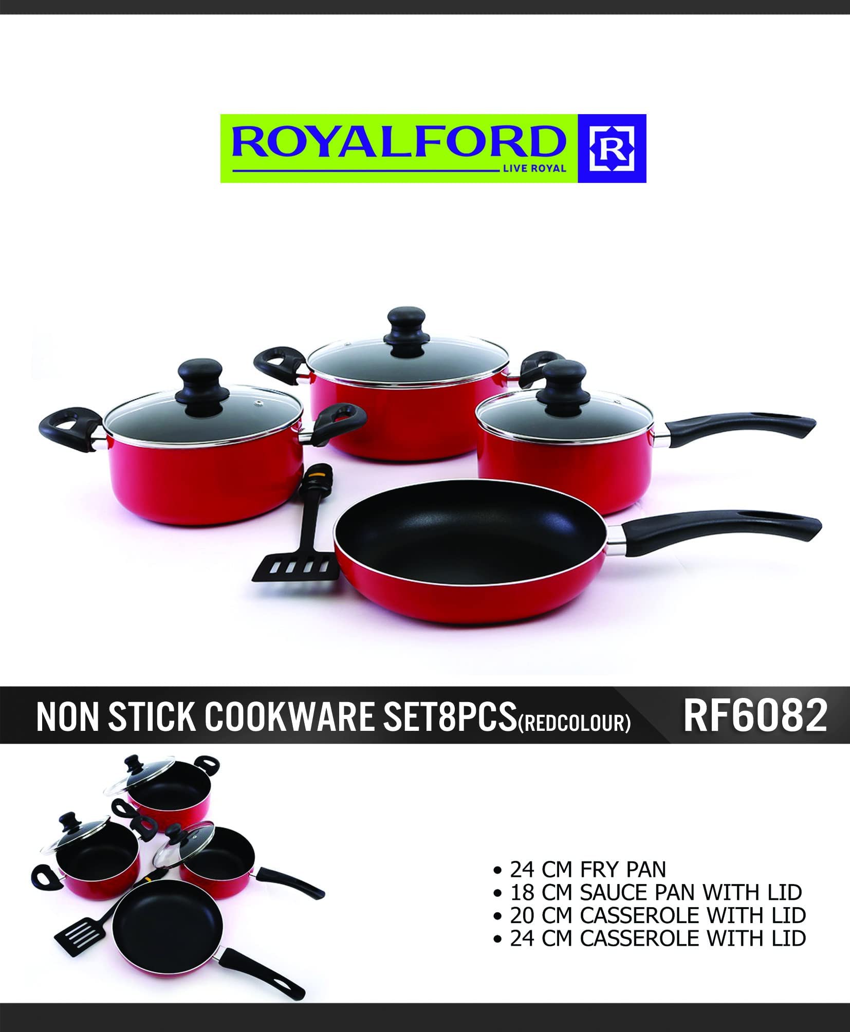 Royalford Cookware Set, 8 Pieces, Red, RF6082 Scratch Resistant, Tempered Glass Lids, 2.5MM Body Thickness, Bakelite Knobs, and CD Bottom