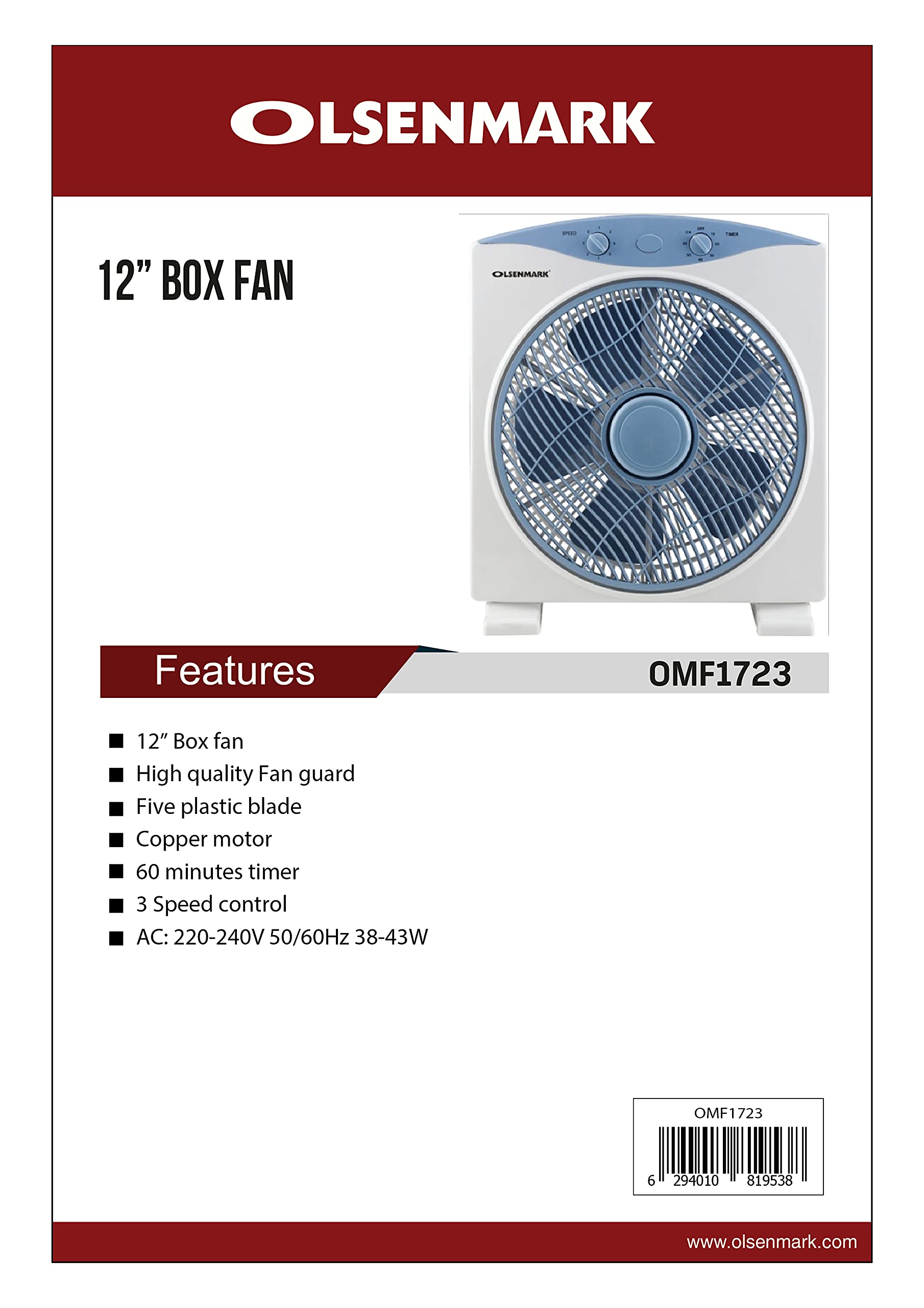 Olsenmark Box Fan, White/Blue , 12Inch مروحة مكتب بتصميم صندوق من اولسن مارك باللونين الابيض والازرق مقاس 12 بوصة