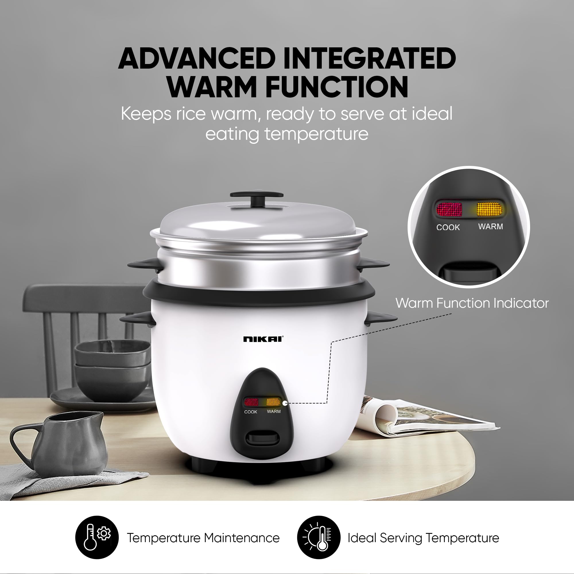 Nikai 400W 1L 2-in-1 Rice Cooker with Steamer, Non-Stick Convenience Pot and Keep Warm Function for Flawless Meals, Detachable Cord, Cook, Steam, and Keep Warm with Ease and Efficiency - NR701A