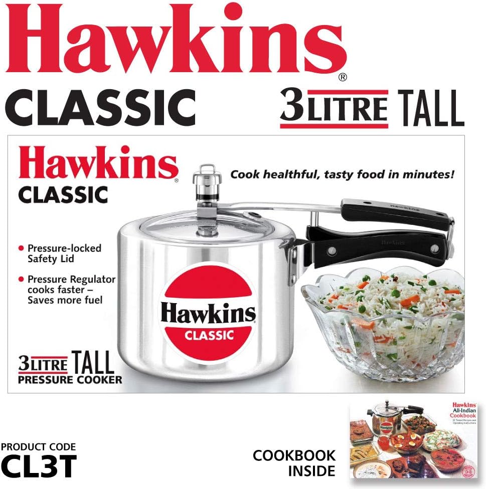 Hawkins Classic Aluminium Pressure Cooker, 3 Litres Taller Body, Silver
