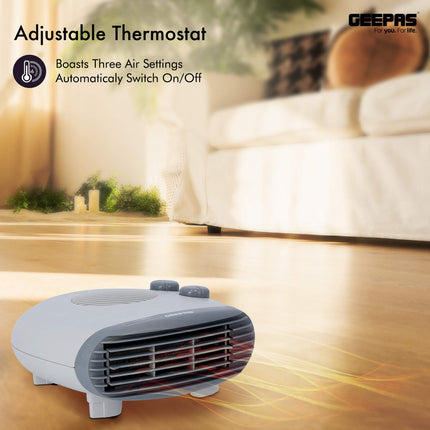 Geepas Portable Flat Fan Heater – Upright or Flatbed, Adjustable Thermostat with 2 Heat Settings 1000-2000W & Overheat Protection - Lightweight Heater with Cool, Warm & Hot Wind – 1 Years Warranty