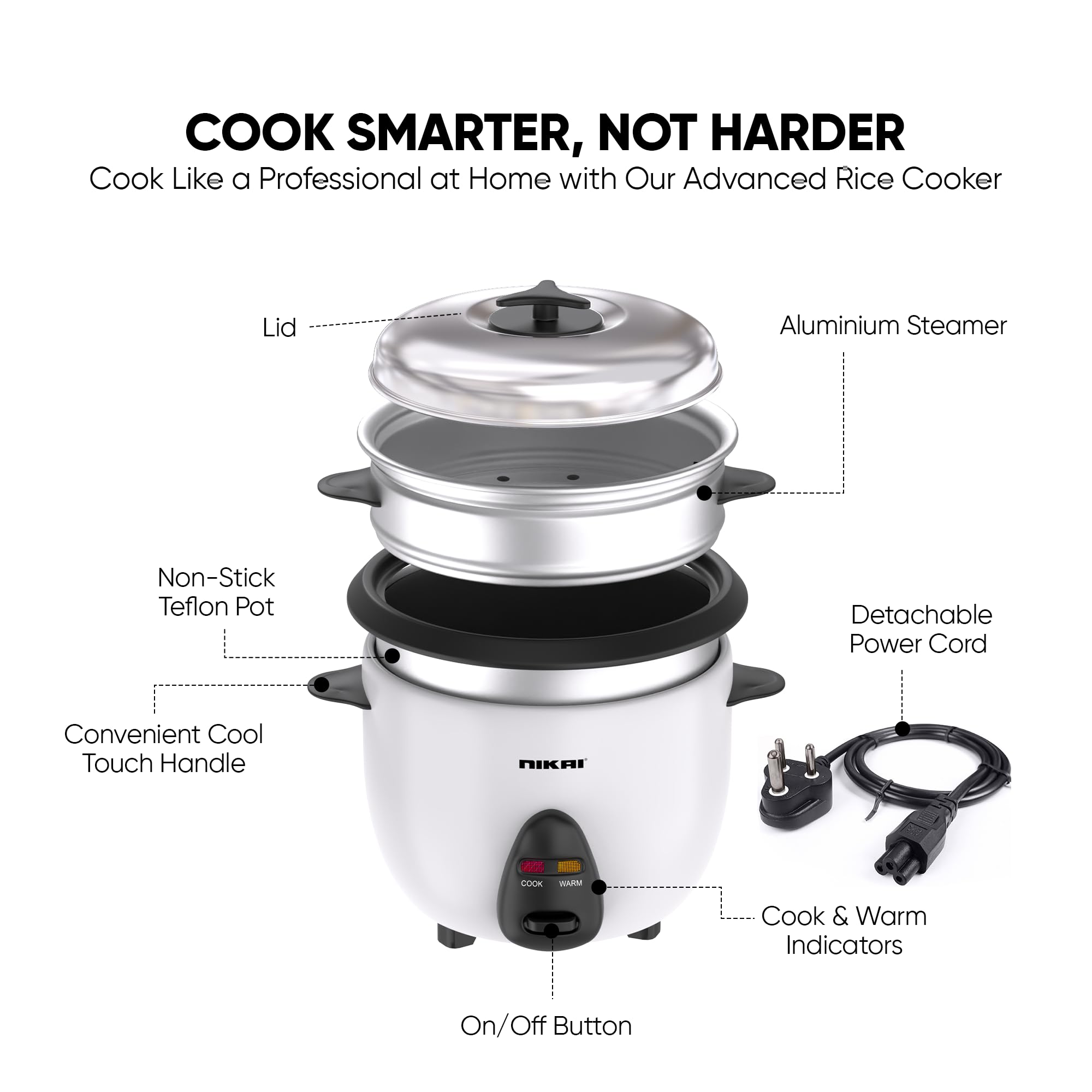 Nikai 400W 1L 2-in-1 Rice Cooker with Steamer, Non-Stick Convenience Pot and Keep Warm Function for Flawless Meals, Detachable Cord, Cook, Steam, and Keep Warm with Ease and Efficiency - NR701A