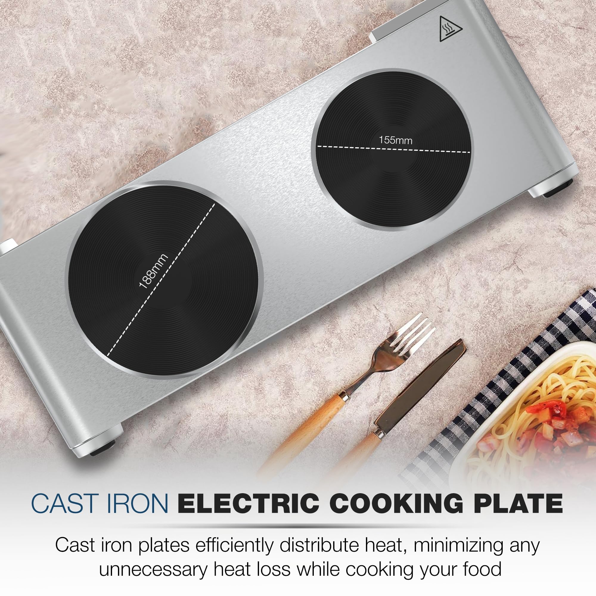 Nikai Double Hot Plate - Twin Cooktop, 2500W Power, Adjustable Thermostat, Overheat Protection, Die Cast Iron Hotplates, Stainless Steel Body, Easy Control, Power indicator light - NKTOE5N2