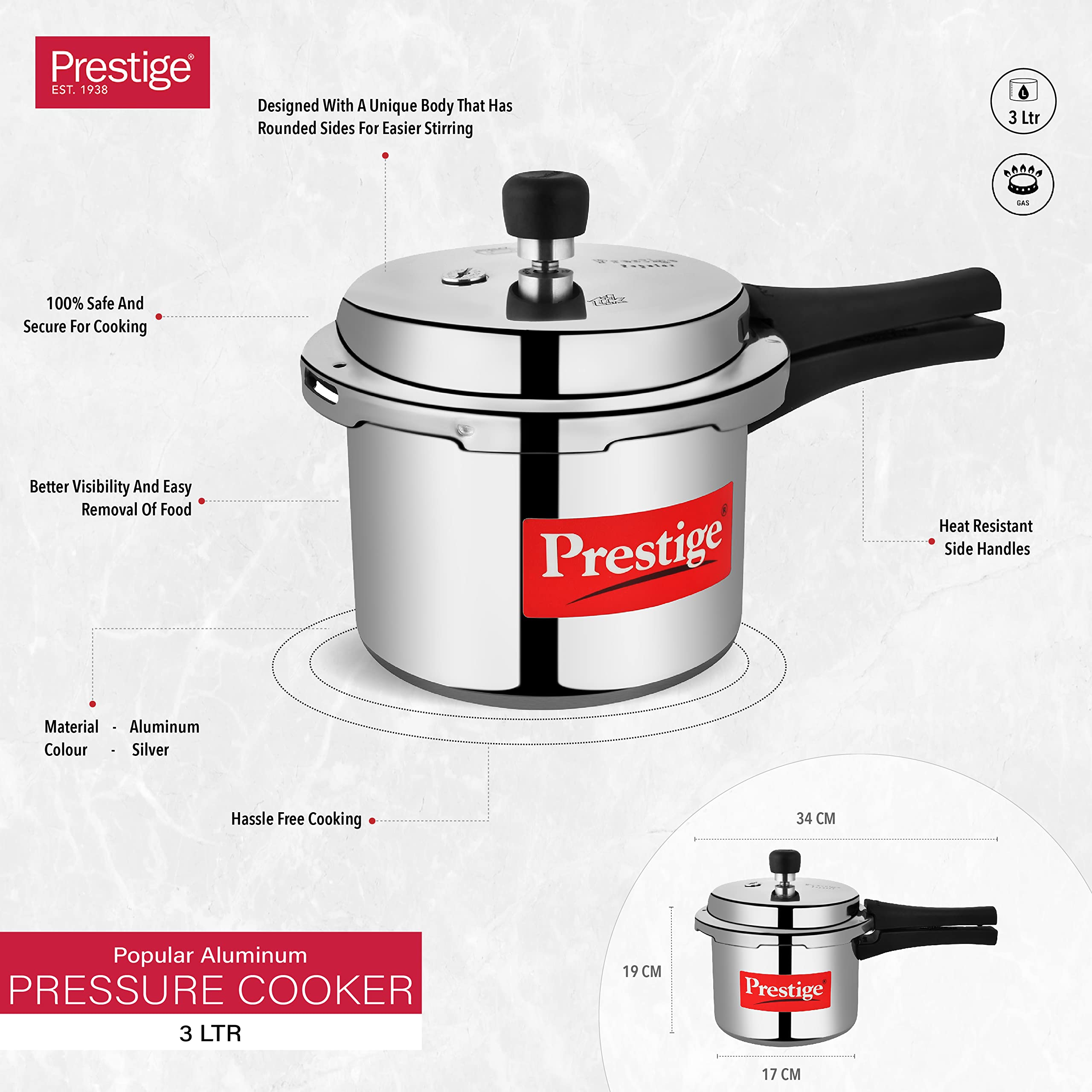 Prestige Popular Pressure Cooker Silver, 3L طنجرة ضغط بوبولار مصنوعة من الالومنيوم من برستيج