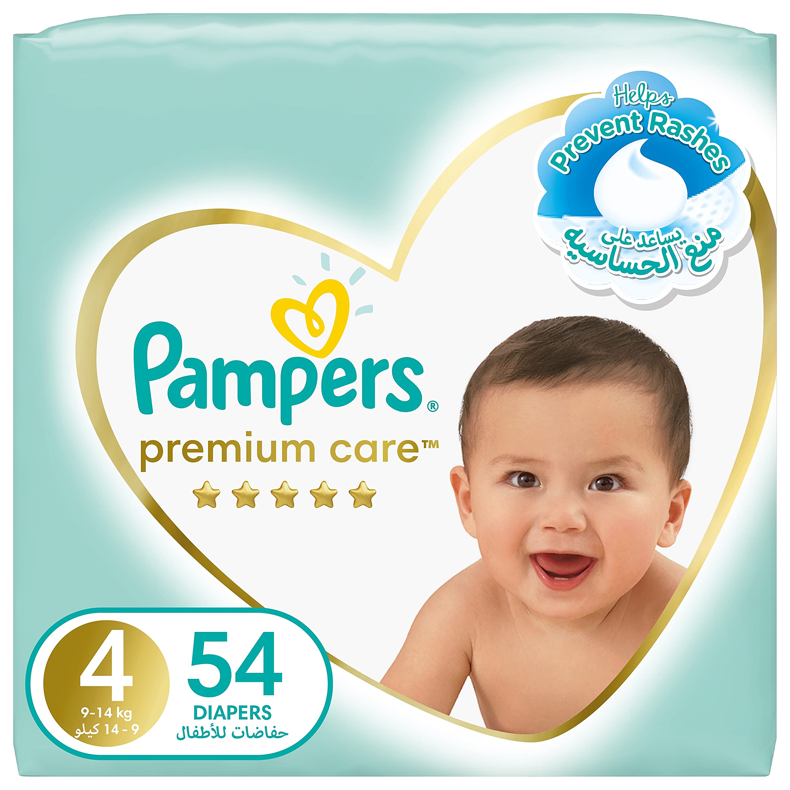 Pampers Premium Care Diapers, Size 4, 9-14 kg, The Softest Diaper and the Best Skin Protection, 54 Baby Diapers حفاضات بامبرز بريميوم كير، مقاس 4، 9-14 كغم، انعم حفاضات وافضل حماية للبشرة، 54 حفاضة للاطفال