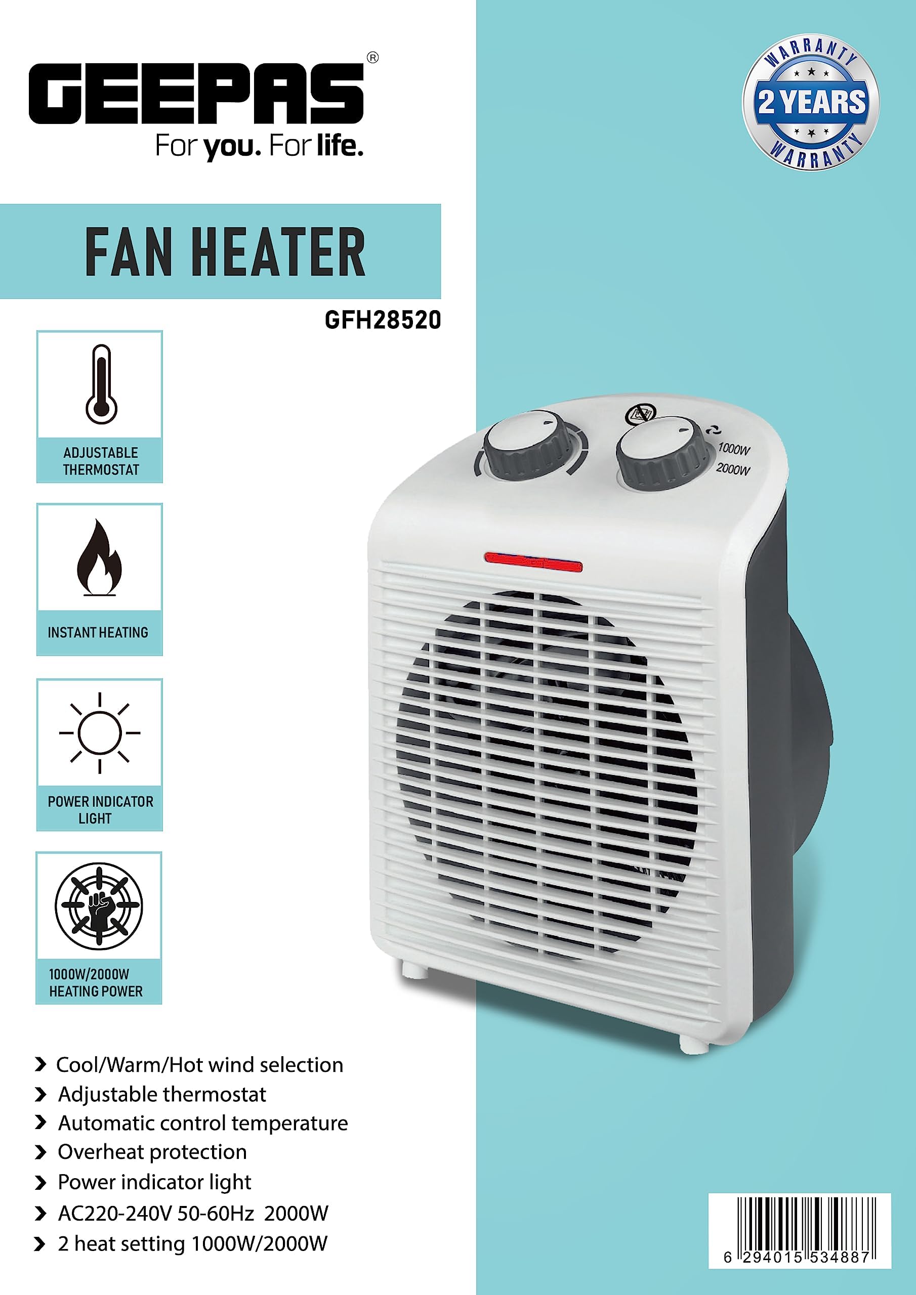 Geepas-Fan Heater with 2 Heat Setting, GFH28520 | Adjustable Thermostat | Cold/Warm/Hot Wind Selection | Overheat Protection | Power Indicator Light