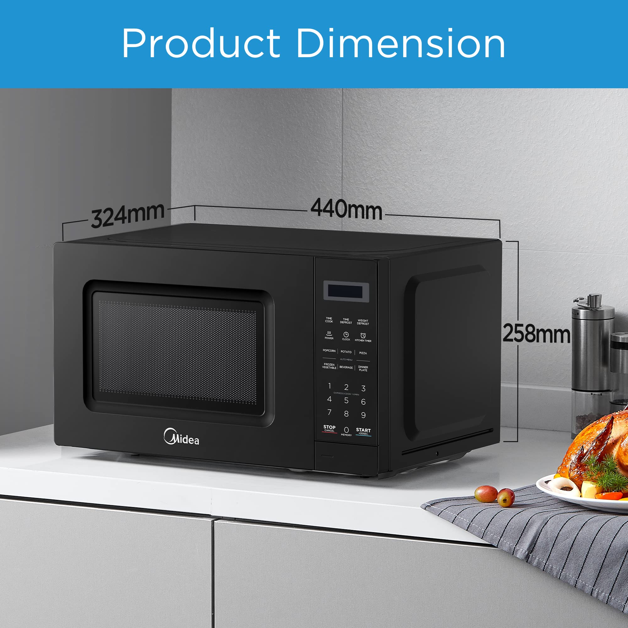 Midea 20L Solo Microwave Oven with Digital Touch Control, 700W, Child Lock, Memory Function, Defrost-by-weight-or-time, Fast Reheat, Push Button Door Opening, Best for Home & Office, Black, EM721BK