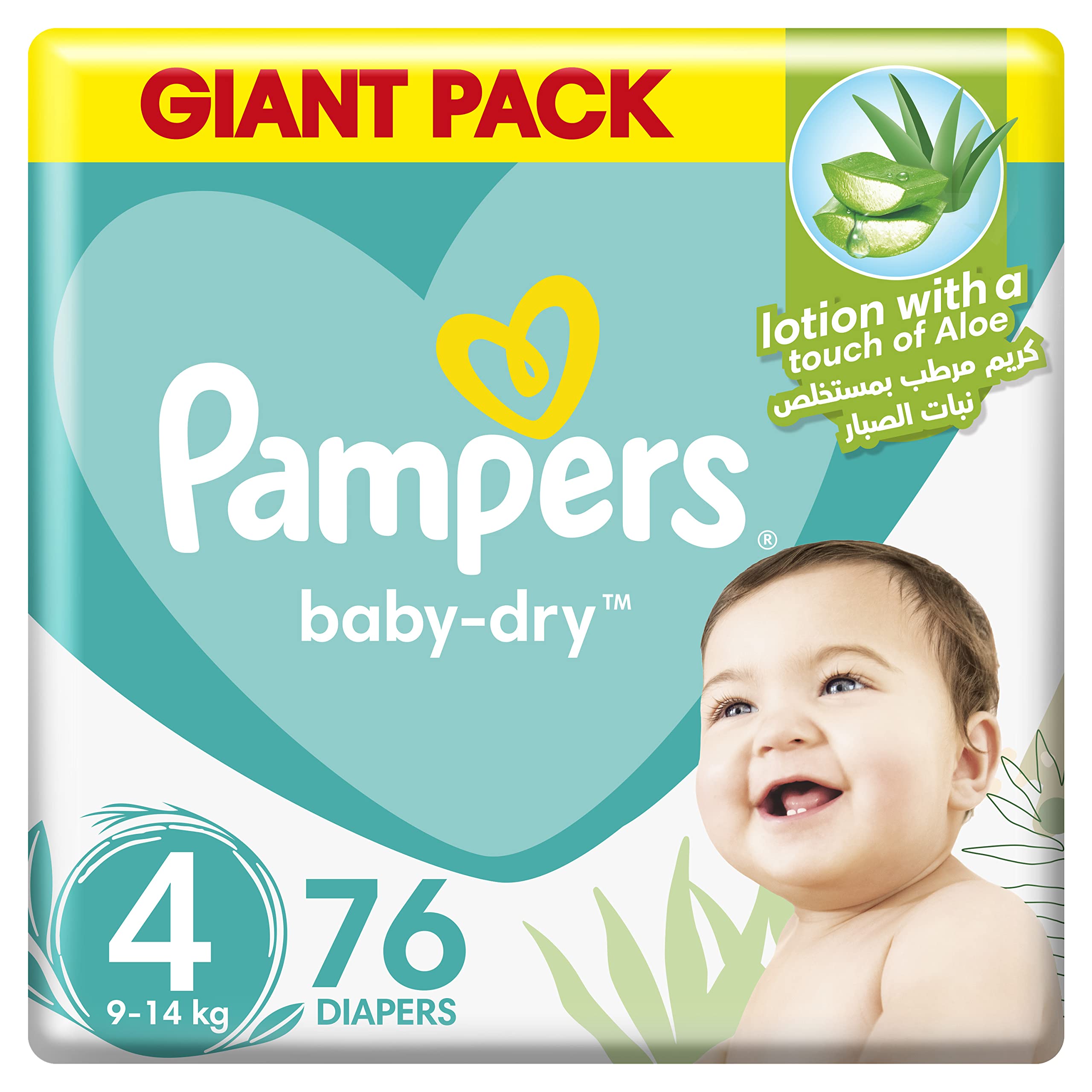 Pampers Baby-Dry Diapers with Aloe Vera Lotion and Leakage Protection, Size 4, 9-14 kg, 76 Diapers حفاضات بامبرز  مقاس 4، كبير، 9-14 كلغ، عبوة التوفير الكبير، 76 حفاضاً