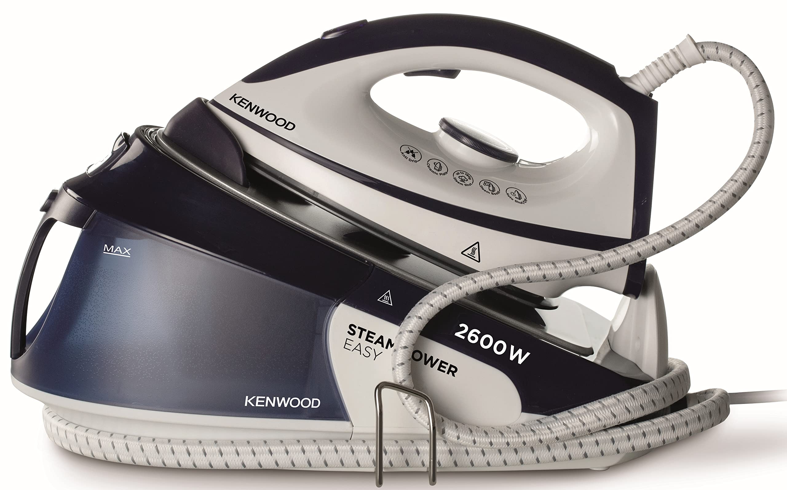 KENWOOD Steam Iron Steam Station 2600W with 1.8L Water Tank Capacity, Ceramic Soleplate, 180g Steam Shot, Anti Drip, Auto Shut Off, Self Clean Function SSP20.000WB White/Blue