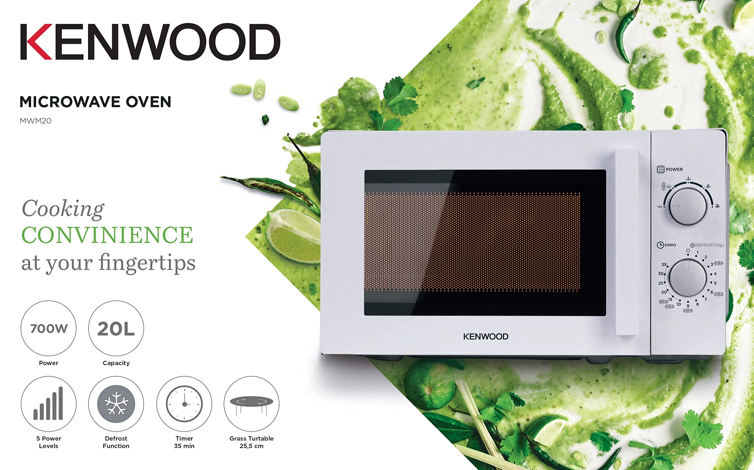 KENWOOD 20L MICROWAVE OVEN WITH DEFROST FUNCTION, 700W, WHITE - MWM20.000WH