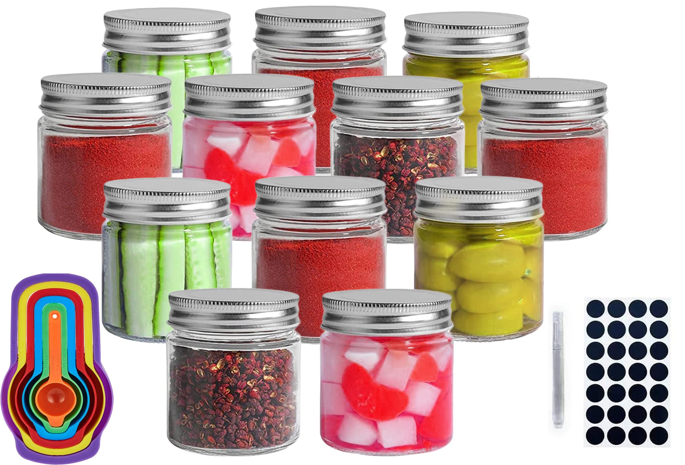 MAMATOONS Set of 12 Glass Mason Jars Spice Jars 250ml (8oz) Regular with Leak Proof Metal Lids and Plastic Measuring Spoons Labels and Chalk, Jam Jelly Honey Candle Jars Storage Jars Canning Jars