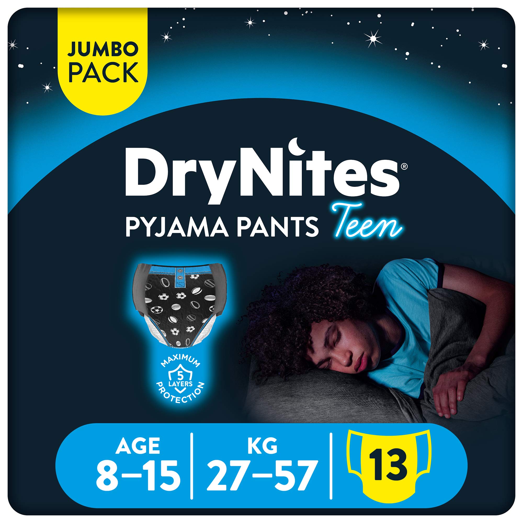 Drynites Pyjama Age 8-15y Boy 27-57kg 13pcs حفاضات دراي نايتس حجم 3، جمبو بوي - 27-57 كغم، 13 قطعة