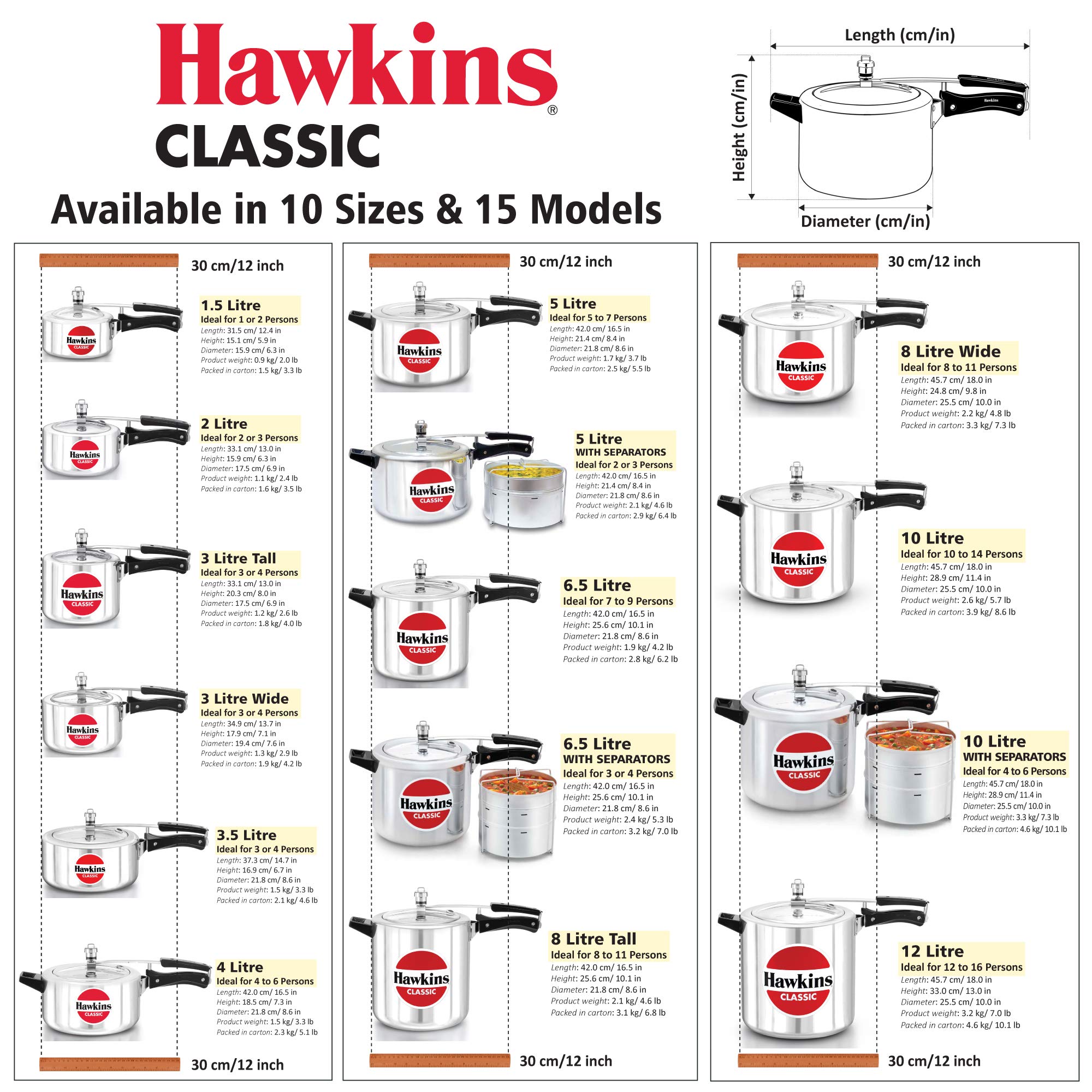 Hawkins Classic Aluminium Pressure Cooker, 3 Litres Taller Body, Silver طنجرة ضغط كلاسيكية من هاوكنز، مصنوعة من الالومنيوم، سعة 3 لتر