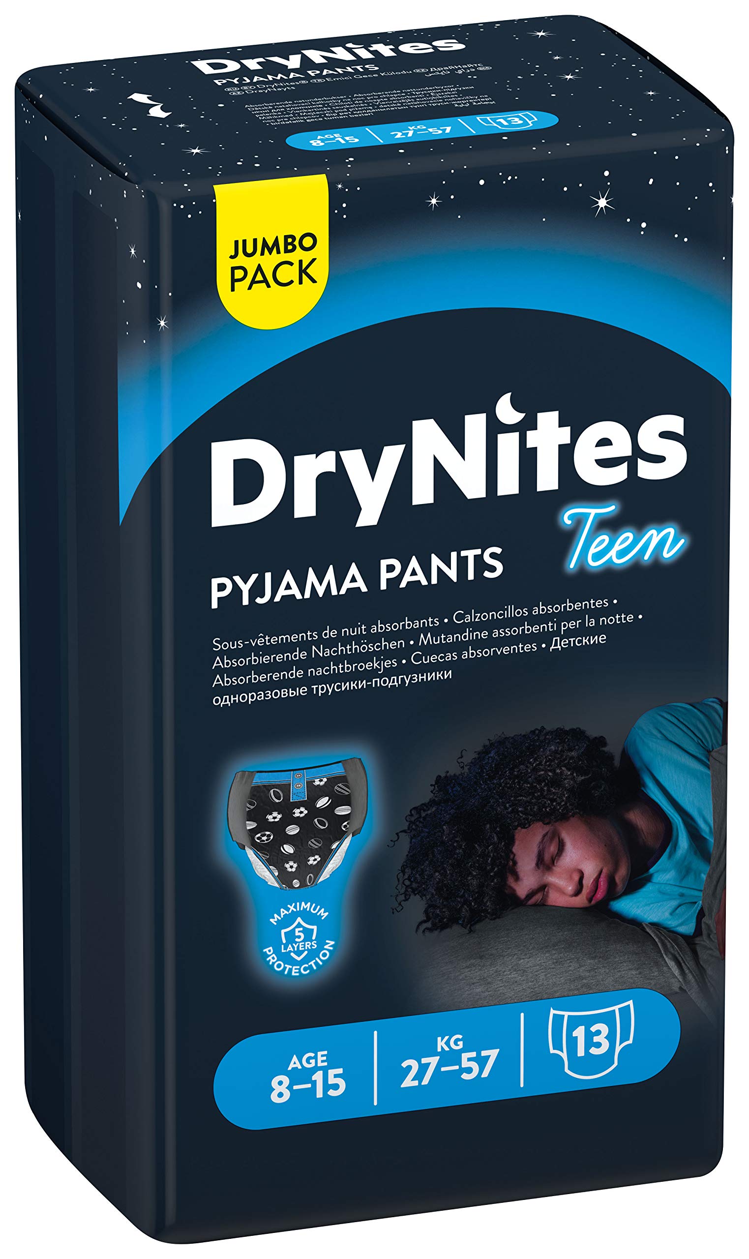 Drynites Pyjama Age 8-15y Boy 27-57kg 13pcs حفاضات دراي نايتس حجم 3، جمبو بوي - 27-57 كغم، 13 قطعة