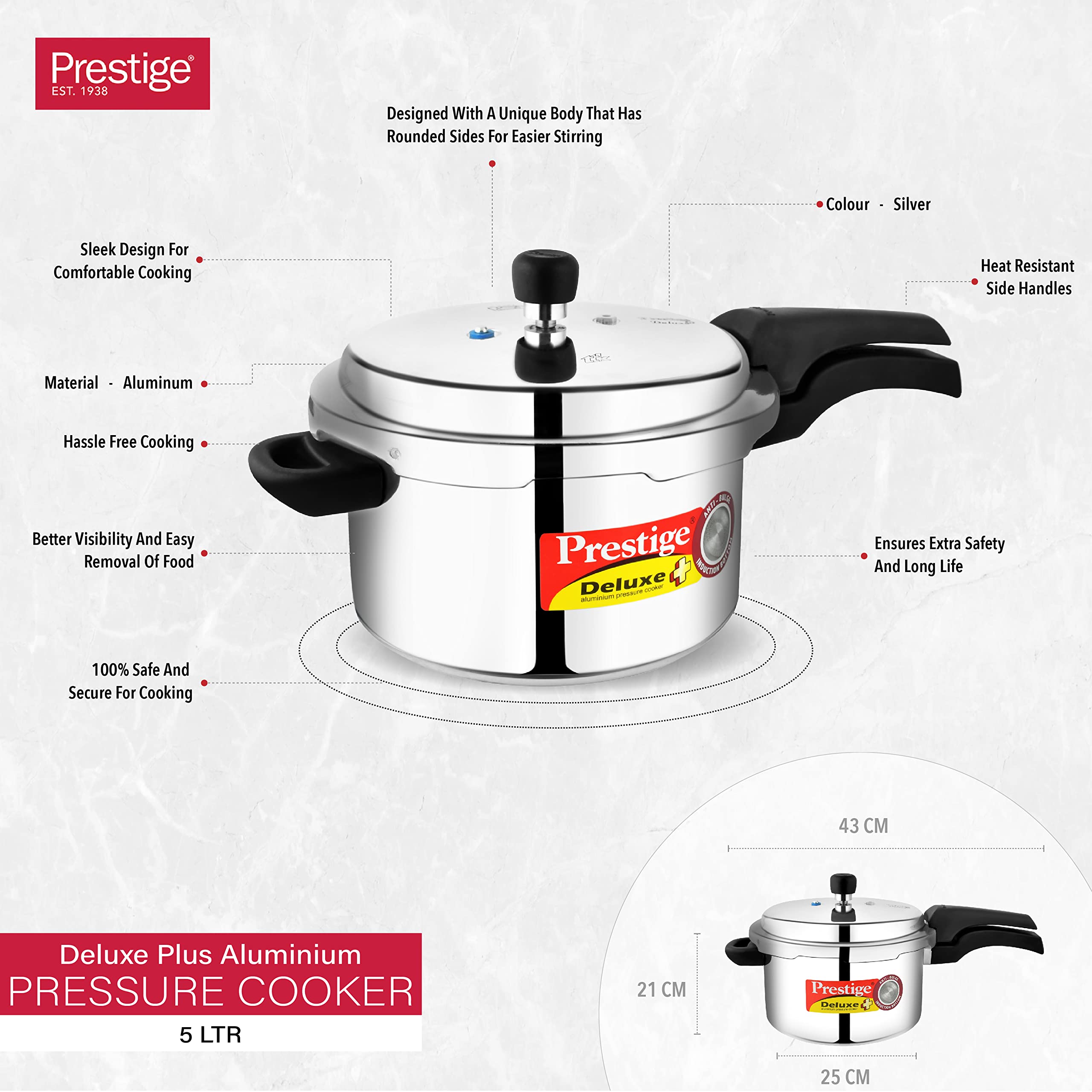 Prestige Deluxe Plus Pressure Cooker 5 Ltr | Aluminium Pressure Cooker With Lid | Exclusive Pressure Indicator|Induction Compatible Silver