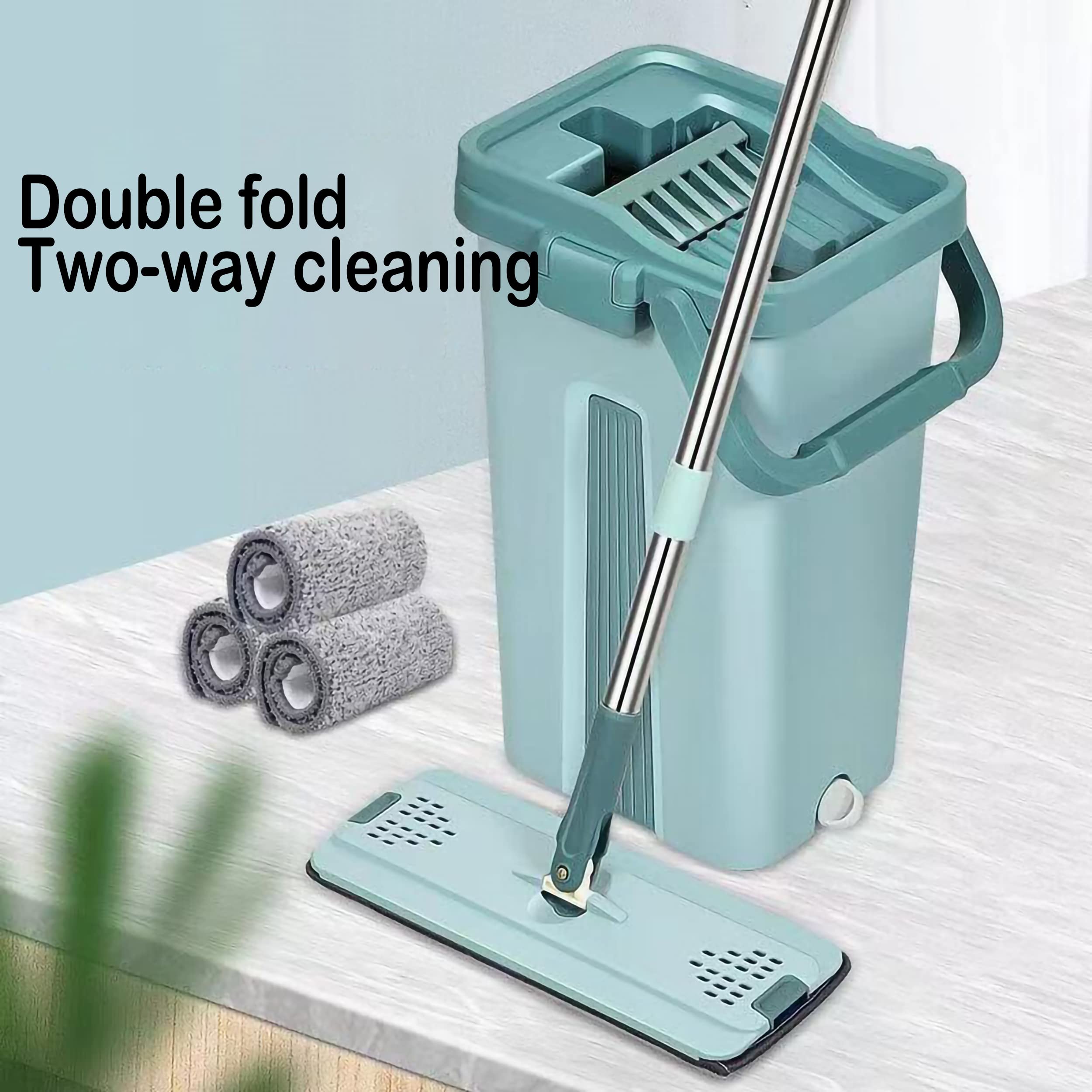 Dreamons Link Microfiber Flat Mop with Bucket, Cleaning Squeeze Hand Free Floor Mop, 3 Reusable Mop Pads, Stainless Steel Handle,360° Rotating Head Squeeze Flat Mop