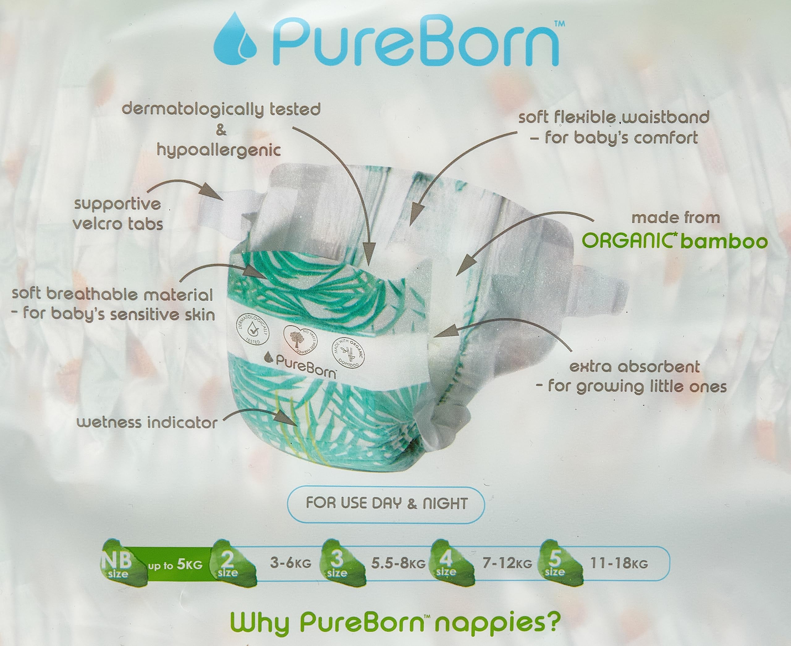 Pureborn Organic-Natural Bamboo Baby Disposable Diapers-Nappy -Value Pack- From 0 To 4.5 Kg - 68 Pcs  حفاضات اطفال بيور بورن قابلة للاستخدام لمرة واحدة، مقاس 0 - 5 الى كغم - العدد 68