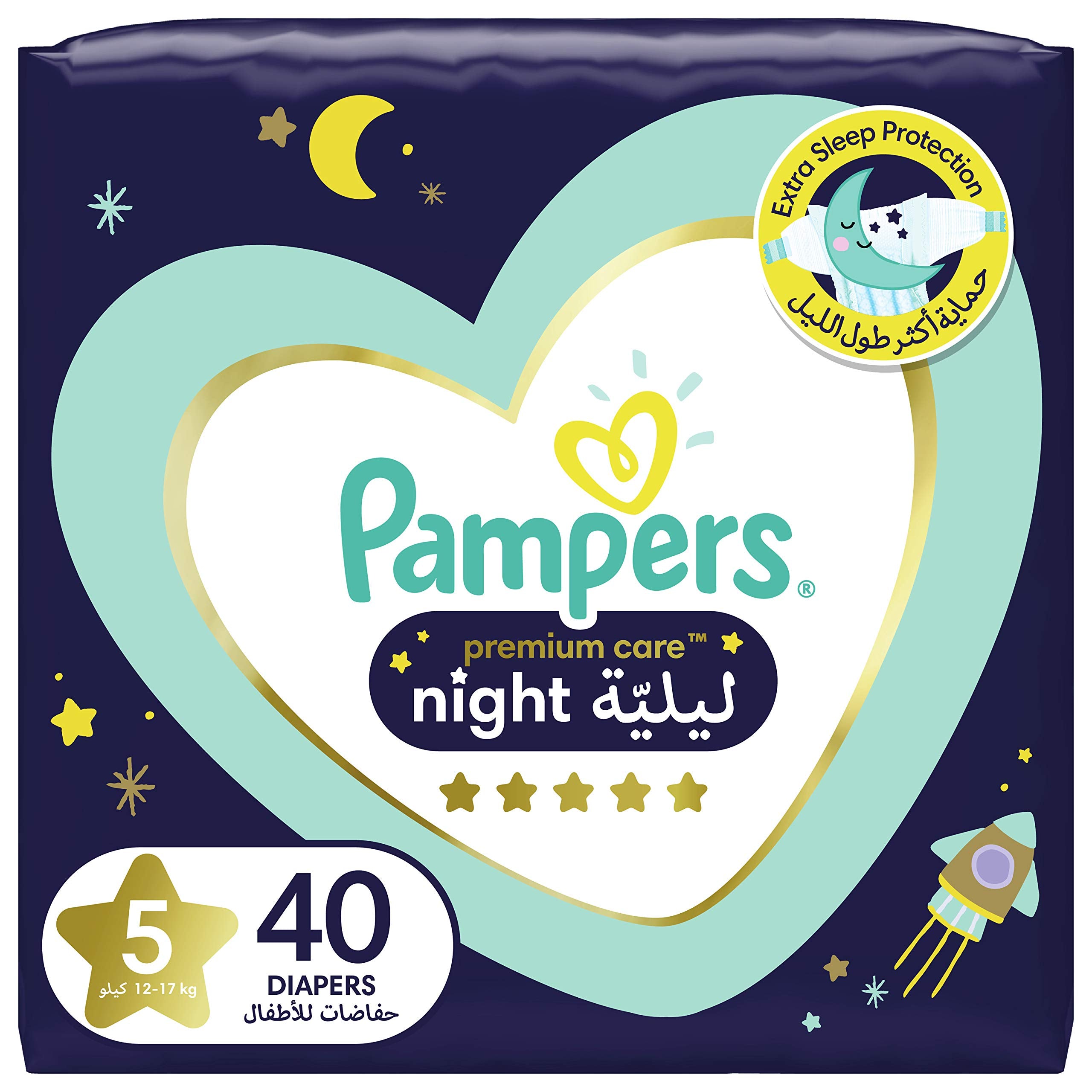 Pampers Premium Care Extra Sleep Protection Night Diapers, Size 5, 12-17Kg, 40 Diaper Count حفاضات بامبرز بريميوم كير لحماية اضافية اثناء النوم، مقاس 5، 12-17 كجم، عدد 40 حفاضة