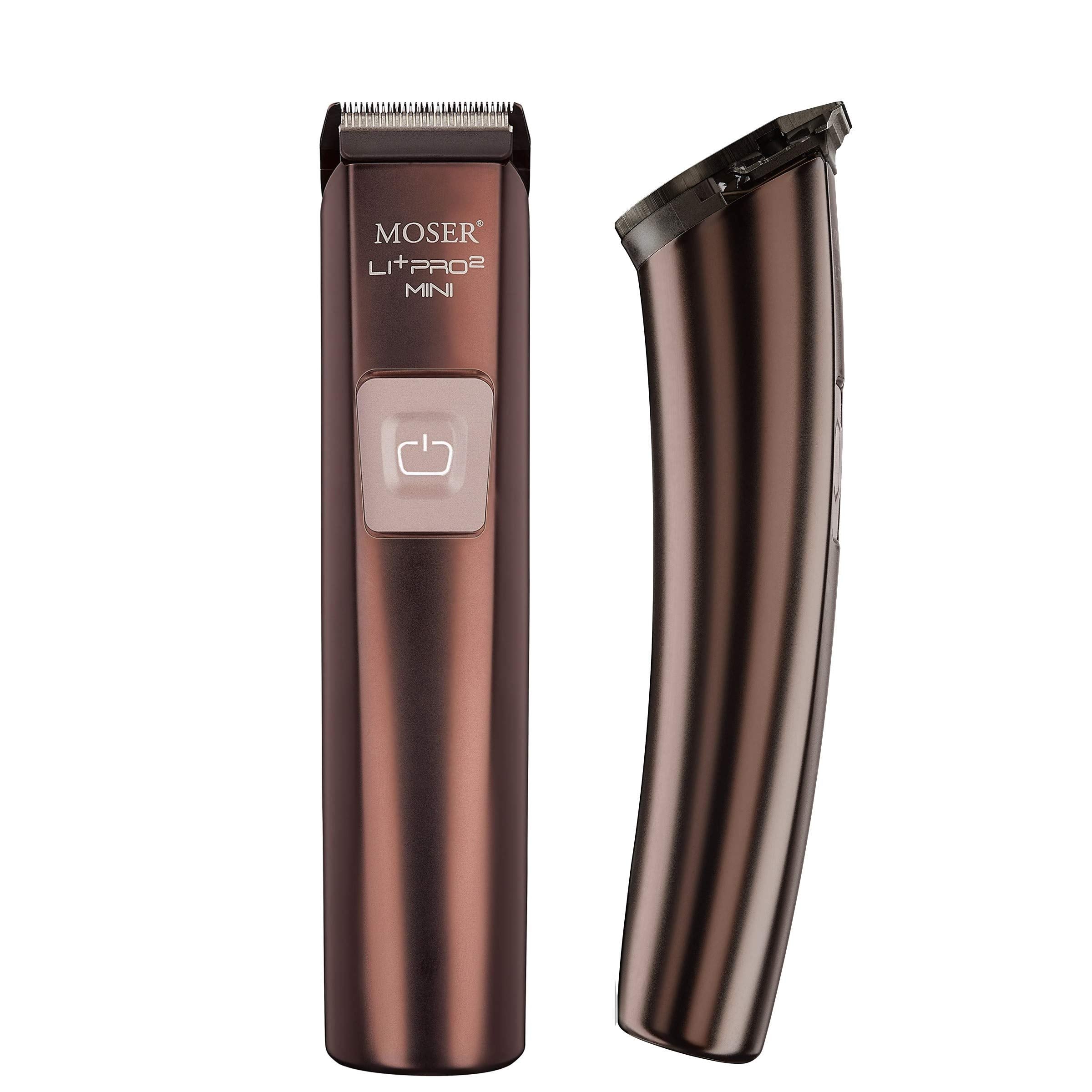 MOSER Li+Pro2 mini professional cord/cordless electric hair trimmer, 80 min quick charge, 120 minutes run time, 3-speed levels, Intelligent push button with charging stand, 1588-0151, Metallic Brown