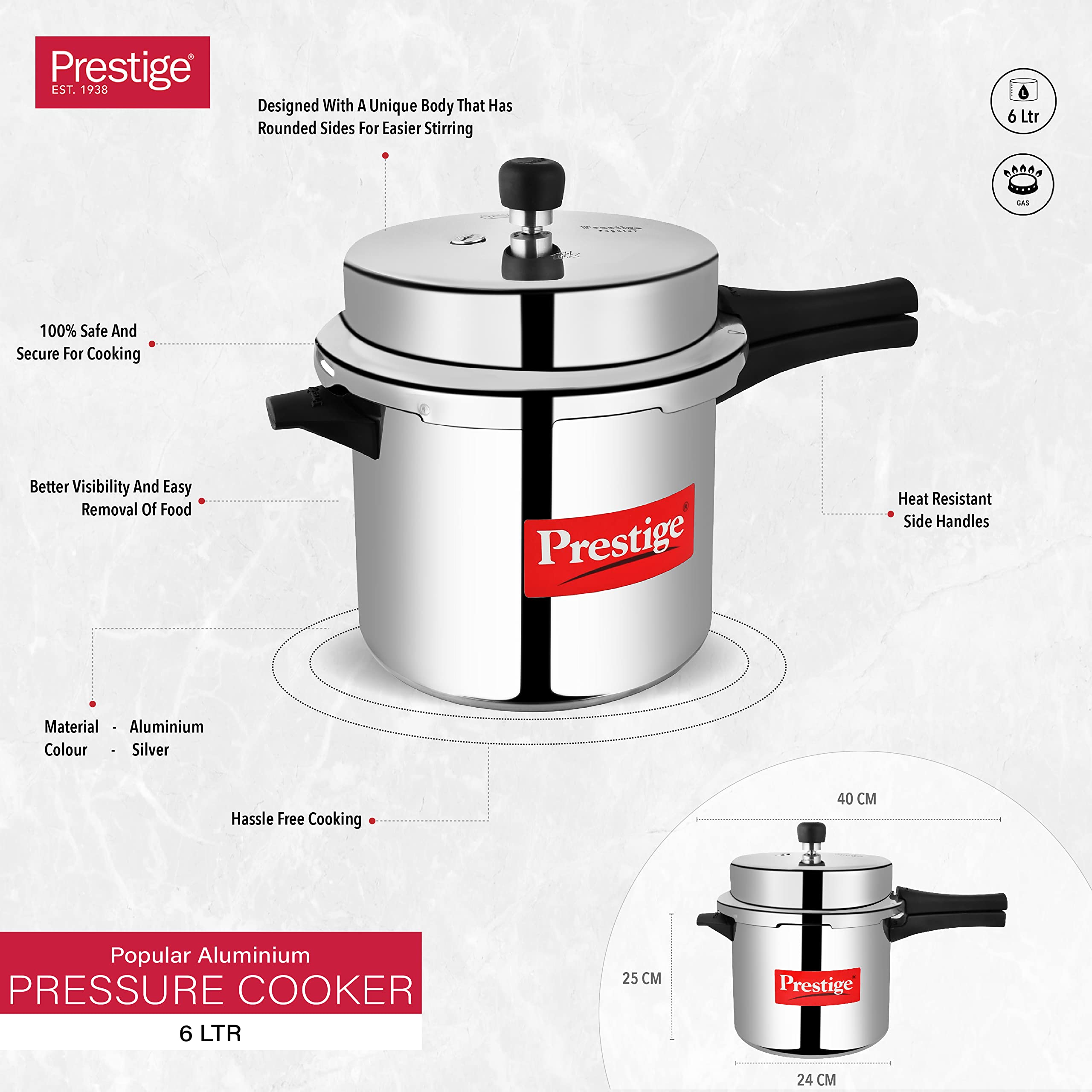 Prestige Popular Aluminium Pressure Cooker Silver, 6 Ltr - PPAPC6