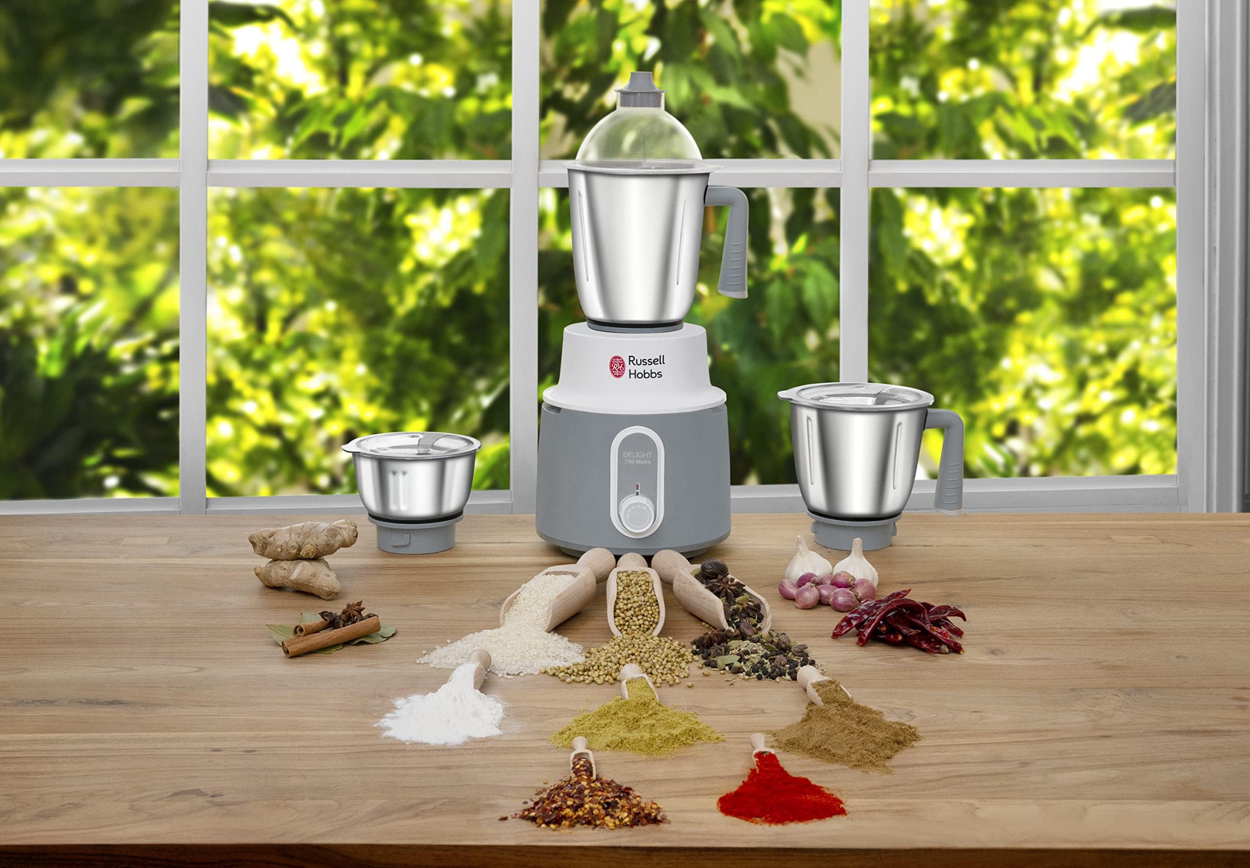 Russell Hobbs 3-in-1 MIXER GRINDER 750W Multifunctional Grinder with St. Steel Leak proof Jars & Blades 3 Speed مطحنة وخلاط بتصميم 3 في 1 متعدد الوظائف بقدرة 750 واط من راسل هوبز باوعية مضادة للتسرب وشفرات من الستانلس ستيل، 3 سرعات