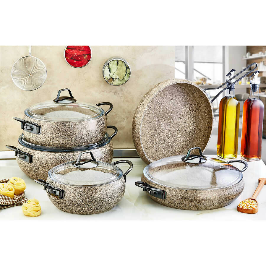 OMS 9 Pcs Sandstorm Non Stick Granitec Cookware Set - Made in Turkey
